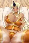  1girl alina_pegova blonde_hair blush bra breasts cameltoe choker cleavage collarbone commentary curvy dark_skin english_commentary fang garter_belt heavy_breathing horn huge_breasts lingerie long_hair monster_musume_no_iru_nichijou nose_blush ogre oni orange_bra orange_choker orange_legwear orange_panties panties pillow pointy_ears red_eyes solo spread_legs sweat thick_thighs thighhighs thighs tionishia unaligned_breasts underwear underwear_only very_long_hair 