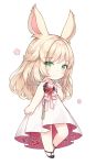  1girl animal_ears ayuanlv bangs bare_arms bare_shoulders black_footwear blush bunny_ears chibi closed_mouth dress eyebrows_visible_through_hair final_fantasy final_fantasy_xiv floral_print flower full_body green_eyes hair_between_eyes light_brown_hair long_hair mole mole_under_eye red_flower rose_print shoes simple_background smile solo standing strapless strapless_dress viera white_background white_dress 