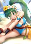  1girl beach bikini blush breasts earrings fire_emblem fire_emblem:_the_blazing_blade fire_emblem_heroes flower gonzarez green_eyes green_hair high_ponytail highres jewelry large_breasts long_hair looking_at_viewer lyn_(fire_emblem) ponytail simple_background smile solo spread_legs stretch swimsuit 