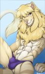  accelo anthro bulge clothed clothing felid hi_res lion looking_at_viewer male mammal muscular muscular_male pantherine smile solo topless underwear 