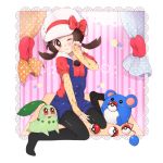  chikorita dress kotone_(pokemon) poke_ball pokemon puffy_shorts shorts smile 
