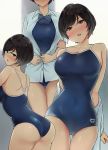  1girl ass bangs bare_shoulders black_hair blue_swimsuit blush bow bowtie breasts cameltoe collared_shirt diagonal-striped_neckwear dress_shirt eyebrows_visible_through_hair highres large_breasts long_sleeves looking_at_viewer multiple_views nose_blush one-piece_swimsuit open_clothes open_mouth open_shirt original otayama red_eyes school_swimsuit shirt short_hair swept_bangs swimsuit swimsuit_under_clothes undressing white_shirt 