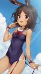  1girl :d animal_ear_fluff animal_ears azur_lane bangs blue_sky blush breasts brown_eyes brown_hair bunny_ears cloud dark_skin day detached_collar i-26_(azur_lane) looking_at_viewer one-piece_swimsuit open_mouth outdoors parted_bangs red_eyes school_swimsuit short_hair side-tie_swimsuit sky small_breasts smile solo standing strapless strapless_swimsuit swimsuit tan tanline untied_swimsuit upper_teeth yamasan 
