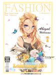  1girl abigail_williams_(fate/grand_order) alternate_costume bangs bare_shoulders black_bow black_shirt blonde_hair blue_eyes blue_flower bow bug butterfly collarbone commentary_request cover eyebrows_visible_through_hair fate/grand_order fate_(series) flower glasses hair_bow hair_ornament hairclip insect key keyhole long_hair looking_at_viewer luminous magazine_cover orange_bow parted_bangs polka_dot polka_dot_bow shirt solo tattoo white_flower yellow_flower 