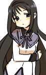  1girl akemi_homura arm_at_side bangs black_hair black_hairband blush clenched_hand closed_mouth dot_nose eyebrows_visible_through_hair hair_ornament hairband hand_up head_tilt highres long_hair long_sleeves looking_at_viewer mahou_shoujo_madoka_magica mebachi neck_ribbon purple_eyes purple_neckwear raised_eyebrow ribbon sidelocks simple_background sleeve_cuffs solo tareme upper_body very_long_hair white_background wing_collar 
