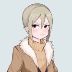  &gt;:( 1girl blue_background blush brown_coat brown_eyes brown_sweater coat earrings floatingapple frown fur_trim hair_between_eyes highres idolmaster idolmaster_cinderella_girls jewelry light_brown_hair looking_at_viewer pout ribbed_sweater shiomi_shuuko short_hair simple_background solo sweater turtleneck turtleneck_sweater upper_body 