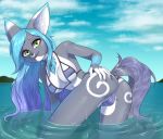  absurd_res anthro bikini blue_hair bra breasts bulge butt clothing fenek fur gynomorph hair hand_on_butt hi_res intersex long_hair mammal markings partially_submerged pewas solo swimwear underwear water 