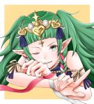  1girl aplche braid fire_emblem fire_emblem:_three_houses green_eyes green_hair hair_ornament jewelry long_hair looking_at_viewer mamkute multicolored_hair one_eye_closed pointy_ears ribbon_braid side_braid simple_background smile solo sothis tiara twin_braids 