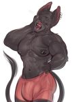  2019 5_fingers abs anthro better_version_at_source big_bulge black_niples bodily_fluids bulge canid canine canis clothing ear_piercing ear_ring eyes_closed fingers fur grey_fur grey_hair hair hand_on_hip hi_res koshak male mammal moobs muscular muscular_male navel navel_piercing nipple_piercing nipples open_mouth pecs piercing pink_nose solo tears underwear waffle_(character) wolf yawn 