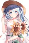  1girl artist_name azit_(down) blue_eyes blue_hair blush collarbone dress flower hat hatsune_miku long_hair looking_at_viewer solo sun_hat sunflower twintails upper_body vocaloid white_background white_dress 