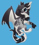  2018 black_hair black_sclera blue_background blue_eyes citrinelle claws digital_media_(artwork) dragon feral hair horn membrane_(anatomy) membranous_wings scalie simple_background solo western_dragon wings 