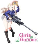  1girl anti-materiel_rifle bc_freedom_military_uniform blonde_hair boots commentary drill_hair fan girls_und_panzer green_eyes gun hase_yu highres holding holding_gun holding_weapon long_hair marie_(girls_und_panzer) no_panties pgm_hecate_ii rifle sniper_rifle solo trigger_discipline weapon white_background 