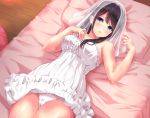  1girl :o bangs bare_shoulders black_hair blue_eyes blush breasts bridal_veil collarbone commentary_request dress hands_up highres large_breasts long_hair looking_at_viewer lying medium_breasts on_back on_bed open_mouth original panties shiny shiny_skin sidelocks solo tareme thighs toenketsu underwear veil wedding_dress white_dress white_panties wooden_floor 