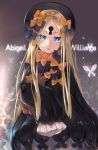  1girl abigail_williams_(fate/grand_order) absurdres bangs black_bow black_dress black_headwear blonde_hair blue_eyes blush bow bug butterfly character_name dress fate/grand_order fate_(series) forehead highres holding holding_stuffed_animal insect keyhole long_hair long_sleeves looking_at_viewer orange_bow parted_bangs parted_lips polka_dot polka_dot_bow sleeves_past_fingers sleeves_past_wrists solo stuffed_animal stuffed_toy teddy_bear torieto very_long_hair 