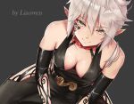  arad_senki breasts cleavage cropped dungeon_and_fighter dungeon_fighter_online elbow_gloves gloves gray gray_hair liaowen pointed_ears short_hair tattoo thief_(dnf) watermark yellow_eyes 