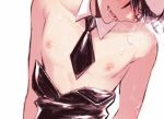  1boy black_leotard bunny_boy bunnysuit chest close-up detached_collar head_out_of_frame heavy_breathing leotard lips male_focus morino_bambi necktie nipples original out_of_frame pectorals saliva smile solo strapless 