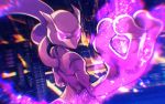  amaneryuusei angry blurry building chromatic_aberration cityscape depth_of_field fire gen_1_pokemon glowing glowing_eyes legendary_pokemon looking_at_viewer looking_back mewtwo no_mouth outstretched_arm pink_eyes pokemon pokemon_(creature) skyscraper solo tail upper_body 