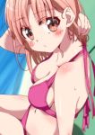  1girl absurdres bikini blush breasts closed_mouth gakkou_gurashi! highres holding holding_hair looking_at_viewer pink_eyes pink_hair pool short_hair sinakyo swimsuit takeya_yuki 