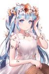  1girl artist_name azit_(down) blue_eyes blue_hair dress flower hat hat_removed hatsune_miku head_wreath headwear_removed holding holding_hat long_hair looking_at_viewer solo twintails upper_body vocaloid white_background white_dress 