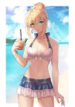  1girl ahoge artoria_pendragon_(all) bangs banned_artist bare_shoulders beach bikini blonde_hair blue_skirt blush braid breasts bubble_tea collarbone cup earrings fate/stay_night fate_(series) green_eyes hair_between_eyes hair_bun highres jewelry long_hair looking_at_viewer miniskirt navel necklace open_mouth orii_(orii_i) parted_lips saber skirt small_breasts solo sunlight swimsuit thighs white_bikini 