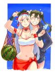  2019 2girls alternate_costume anchor armband bangs bare_shoulders bikini blue_jacket blue_shorts blue_sky blush breasts brown_eyes choker cleavage collarbone commentary cropped_legs dessert eyebrows_visible_through_hair flower food fruit green_eyes green_hair grey_hair grin hair_between_eyes hair_flower hair_ornament hair_ribbon hand_on_hip headband hood hooded_jacket jacket jewelry kantai_collection long_hair looking_at_viewer midriff multiple_girls navel net one_eye_closed outdoors popsicle red_headband ribbon ring sarong shorts shoukaku_(kantai_collection) sky smile swimsuit swimsuit_under_clothes teeth twintails watermelon wedding_band weidashming white_bikini white_hair white_ribbon wings zuikaku_(kantai_collection) 