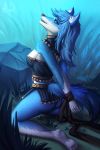  andyd anthro black_nose blue_eyes blue_fur blue_hair breasts canid canine canis clothed clothing domestic_dog female fur hair kneeling mammal smile solo 