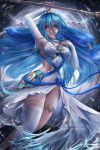  1girl aodavid23 arm_up armpits artist_name asymmetrical_legwear azura_(fire_emblem) backless_dress backless_outfit blue_hair blue_ribbon blush breasts detached_sleeves dress english_commentary feet_out_of_frame fingerless_gloves fire_emblem fire_emblem_fates gloves hair_between_eyes hair_spread_out highres holding holding_spear holding_weapon jewelry lace lace-trimmed_legwear long_hair medium_breasts necklace polearm ribbon shiny shiny_hair signature solo spear thighhighs very_long_hair water watermark weapon web_address white_dress yellow_eyes 