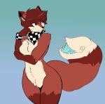  anthro bandanna breasts canid canine featureless_breasts female fur hair hi_res mammal munks_(artist) nude simple_background solo standing tail_mouth wide_hips 