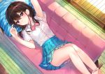  1girl arm_up barefoot blue_skirt bow bowtie brown_eyes brown_hair couch day from_above full_body indoors knees_up lying mochiko_(mochiko3121) official_art on_back pillow pink_bow pleated_skirt pocket rug shirt short_sleeves skirt sliding_doors solo white_shirt 