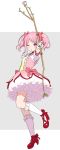  1girl bang_dream! bangs blush bow cosplay eyebrows_behind_hair flower frilled_legwear full_body gloves grey_background high_heels holding kaname_madoka kaname_madoka_(cosplay) kneehighs mahou_shoujo_madoka_magica maruyama_aya one_eye_closed outstretched_arm parted_bangs parted_lips petticoat pink_bow pink_flower pink_hair pink_rose puffy_short_sleeves puffy_sleeves purple_eyes red_footwear rose shipii_(jigglypuff) shirt shoes short_sleeves solo standing twintails two-tone_background white_background white_gloves white_legwear white_shirt 