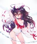  1girl arm_up ass_visible_through_thighs azur_lane bangs bare_shoulders black_choker black_hair choker closed_mouth collarbone commentary_request creature detached_sleeves eyebrows_visible_through_hair hair_between_eyes hair_ornament highres horns i-168_(azur_lane) long_hair long_sleeves looking_at_viewer on_head one-piece_swimsuit red_eyes ribbon-trimmed_sleeves ribbon_trim see-through see-through_sleeves shichijou_natori simple_background sleeves_past_wrists solo standing swimsuit symbol-shaped_pupils very_long_hair water white_background white_swimsuit wide_sleeves x_hair_ornament 
