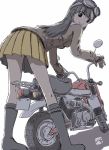  1girl artist_logo bangs bent_over black_eyes black_hair blunt_bangs chi-hatan_military_uniform girls_und_panzer ground_vehicle helmet highres kainushi leaning_forward long_hair long_sleeves looking_at_viewer looking_back motor_vehicle motorcycle nishi_kinuyo pleated_skirt simple_background skirt smile solo thighs vehicle white_background yellow_skirt 