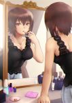  1girl arm_support bangs black_shirt blurry blurry_foreground breasts brown_eyes brown_hair casual cleavage collarbone cosmetics depth_of_field from_behind girls_und_panzer holding_lipstick_tube kiya_hajime lace lace-trimmed_shirt leaning_forward lipstick looking_at_viewer makeup makeup_brush medium_breasts mirror nail_polish nishizumi_maho parted_lips reflection shirt short_hair sleeveless sleeveless_shirt solo standing 