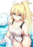  1girl 1other absurdres blonde_hair blue_eyes dolphin fate/grand_order fate_(series) highleg highleg_swimsuit highres huge_filesize jacket jeanne_d&#039;arc_(fate)_(all) jeanne_d&#039;arc_(swimsuit_archer) long_hair looking_at_viewer nakanishi_tatsuya open_clothes open_jacket ponytail sitting smile swimsuit twintails water whistle whistle_around_neck white_jacket white_swimsuit 