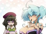  2girls ahoge bangs bare_shoulders beret black_dress black_hair blue_background blue_hair blush braid breast_envy bubble_tea bubble_tea_challenge buttons cagliostro_(symphogear) cheating_(competitive) choker closed_eyes collarbone condensation cup detached_sleeves disposable_cup dress drinking drinking_straw eyebrows_visible_through_hair flower frilled_ribbon frilled_shirt frills frog glasses gradient gradient_background green-framed_eyewear hair_between_eyes hair_flower hair_ornament hands_on_own_chest hands_up hat heart heart_background holding holding_stuffed_animal illi44 long_hair long_sleeves looking_at_another medium_hair motion_lines multiple_girls object_on_breast parted_lips pink_background prelati_(symphogear) purple_eyes purple_headwear ribbon semi-rimless_eyewear senki_zesshou_symphogear shiny shiny_hair shiny_skin shirt strapless strapless_dress stuffed_animal stuffed_frog stuffed_toy tentacle_hair twin_braids two_side_up unbuttoned_dress upper_body white_background white_ribbon 