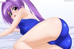  1girl absurdres ass blue_swimsuit blush cameltoe competition_school_swimsuit highres long_hair looking_at_viewer lying on_side open_mouth original purple_eyes purple_hair school_swimsuit simple_background solo sugimura_tomokazu swimsuit twintails white_background 
