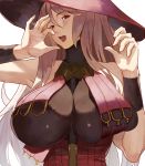  1girl armband bangs bare_shoulders black_eyes breasts detached_sleeves eyebrows_visible_through_hair fellatio_gesture granblue_fantasy hair_between_eyes half-closed_eyes hat highres huge_breasts long_hair looking_at_viewer magisa_(granblue_fantasy) open_mouth silver_hair simple_background smile solo turning_head upper_body vic white_background witch witch_hat wristband 