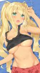  1girl bangs bare_shoulders blonde_hair blush breasts collarbone commentary_request danberu_nan_kiro_moteru? dark_skin eyebrows_visible_through_hair fang green_eyes heavy_breathing large_breasts long_hair looking_at_viewer lying navel on_back open_mouth peko sakura_hibiki_(danberu_nan_kiro_moteru?) shorts solo sweat tank_top twintails underboob very_long_hair 