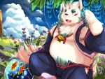  2019 4:3 agyou asian_mythology belly bottomwear clothing detailed_background east_asian_mythology foo_dog fur humanoid_hands japanese_mythology komainu male mammal moobs mythology outside overweight overweight_male pants teeth tokyo_afterschool_summoners tongue video_games white_fur yuuya333 yōkai 