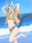  1girl ;d animal_ear_fluff animal_ears arms_up bangs bare_legs barefoot bell bikini bikini_under_clothes blue_eyes blue_hair blue_sky blush breasts brown_jacket cat_ears cat_girl cat_tail collarbone commentary_request day drawstring eyebrows_visible_through_hair fingernails hair_bell hair_ornament hood hood_down hooded_jacket horizon jacket jingle_bell long_hair looking_at_viewer navel ocean one_eye_closed open_clothes open_jacket open_mouth original outdoors parted_bangs short_sleeves sidelocks sky small_breasts smile solo standing standing_on_one_leg string_bikini swimsuit tail tail_raised tonbi v water waves 