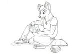  african_wild_dog anthro black_and_white book bottomwear canid canine clothed clothing darius_davis footwear hair hi_res idessart inked jeans jewelry male mammal monochrome necklace pants shirt shoes sneakers spots topwear traditional_media_(artwork) 