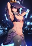  1girl abs aka--chi armpits arms_behind_head black_hair black_headwear blush breasts enen_no_shoubotai hat large_breasts looking_at_viewer maki_oze midriff muscle muscular_female navel purple_eyes smirk solo standing stomach uniform upper_body witch witch_hat 