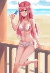  1girl absurdres arm_support bangs barefoot bikini_shorts blue_eyes blunt_bangs blurry blurry_background blush breasts cleavage closed_mouth collarbone darling_in_the_franxx day eyebrows_visible_through_hair food highres holding holding_food horns huge_filesize ice_cream leg_up long_hair medium_breasts outdoors pink_hair popsicle shiny shiny_hair shorts sideboob smile solo straight_hair user_ghvu7325 very_long_hair white_bikini_top white_shorts zero_two_(darling_in_the_franxx) 