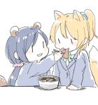  2girls :3 :t aburaage animal_ears arm_support ayase_eli blazer blonde_hair blue_jacket blue_scrunchie blush_stickers chibi chopsticks doma_(domani) eating eye_contact food food_in_mouth fox_ears fox_tail from_side green_neckwear green_ribbon hair_ornament hair_scrunchie hand_up holding holding_chopsticks jacket kemono_friends kitsune_udon long_hair long_sleeves looking_at_another love_live! love_live!_school_idol_project low_twintails multiple_girls neck_ribbon otonokizaka_school_uniform pink_scrunchie ponytail purple_hair raccoon_ears raccoon_tail ribbon school_uniform scrunchie simple_background tail toujou_nozomi twintails udon upper_body white_background |_| 