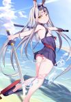  1girl absurdres animal_ears armpits ass azur_lane bangs beach blue_sky blunt_bangs breasts bunny_ears cloud commentary covered_nipples eyebrows_visible_through_hair from_behind headband highres holding holding_sheath holding_sword holding_weapon katana kneepits light_smile long_hair looking_at_viewer no_panties ocean see-through sheath shimakaze_(azur_lane) sideboob silver_hair sky smile solo standing sword thick_eyebrows trap_(drthumt) twisted_torso very_long_hair water weapon wet wet_clothes yellow_eyes 