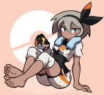  1girl average-hanzo barefoot black_hairband blue_eyes blush bodysuit bodysuit_under_clothes breasts commentary dark_skin english_commentary full_body gloves grey_hair hairband holding holding_poke_ball partly_fingerless_gloves poke_ball pokemon pokemon_(game) pokemon_swsh saitou_(pokemon) short_hair short_sleeves shorts single_glove sitting small_breasts soles solo toes towel towel_around_neck wristband 