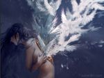  1girl angel_wings bird black_hair closed_eyes closed_mouth covering covering_breasts dove english_commentary grey_background highres lips long_hair nude original profile rain solo watermark web_address wenqing_yan wings 
