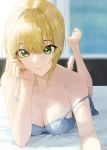  1girl :3 arm_support asymmetrical_hair bangs bare_shoulders blonde_hair blurry blurry_background breasts camisole cleavage commentary day feet_up green_eyes hand_on_own_cheek highres idolmaster idolmaster_cinderella_girls indoors large_breasts looking_at_viewer lying mismatched_eyebrows miyamoto_frederica mossi off_shoulder on_bed on_stomach short_hair solo 