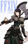  1girl au_ra axe bangs bird black_hair braid commission dragon_horns dragon_tail elbow_gloves final_fantasy final_fantasy_xiv fingerless_gloves french_braid gloves hip_armor holding holding_weapon horns jewelry necklace scales short_hair silver_eyes smile solo swept_bangs tail twitter_username unsomnus weapon white_background 