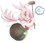  1girl ahoge animal_ear_fluff animal_ears bunny_ears camisole choker commentary_request flying_sweatdrops getting_over_it hair_ornament hairclip hammer highres jacket long_hair low_twintails off_shoulder open_mouth pink_eyes pink_hair pot red_camisole simple_background solo spoken_sweatdrop sweatdrop tanikake_yoku tears tomari_mari tomari_mari_channel twintails very_long_hair virtual_youtuber white_background white_jacket 
